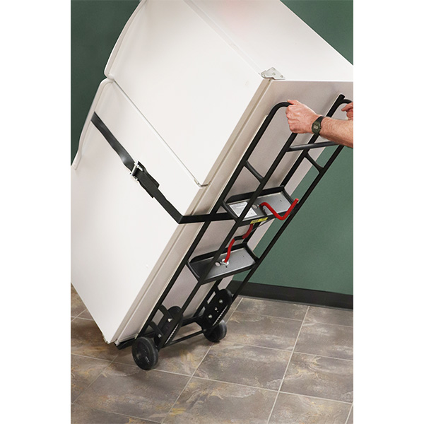 Refrigerator on Appliance Truck with Manual Belt Tightener