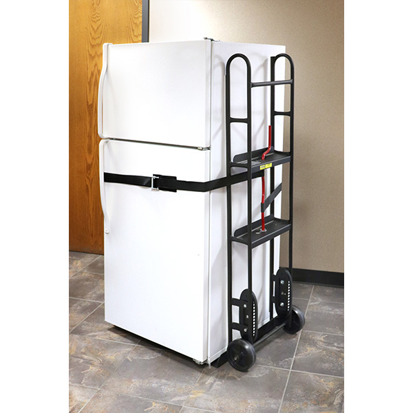 Refrigerator on Appliance Truck with Manual Belt Tightener